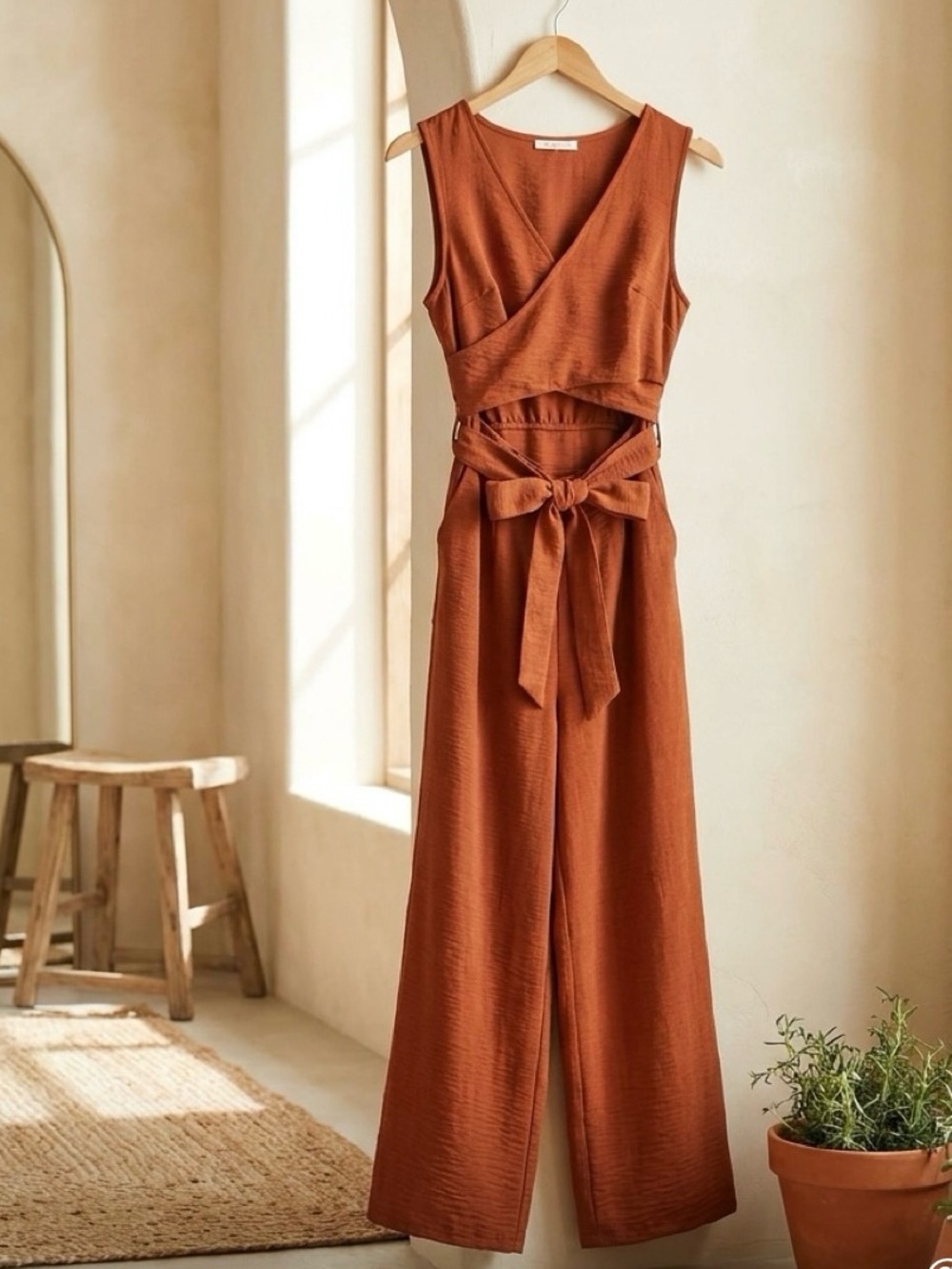 Le Lis One-Shoulder Rust Wrap Jumpsuit with Waist Tie